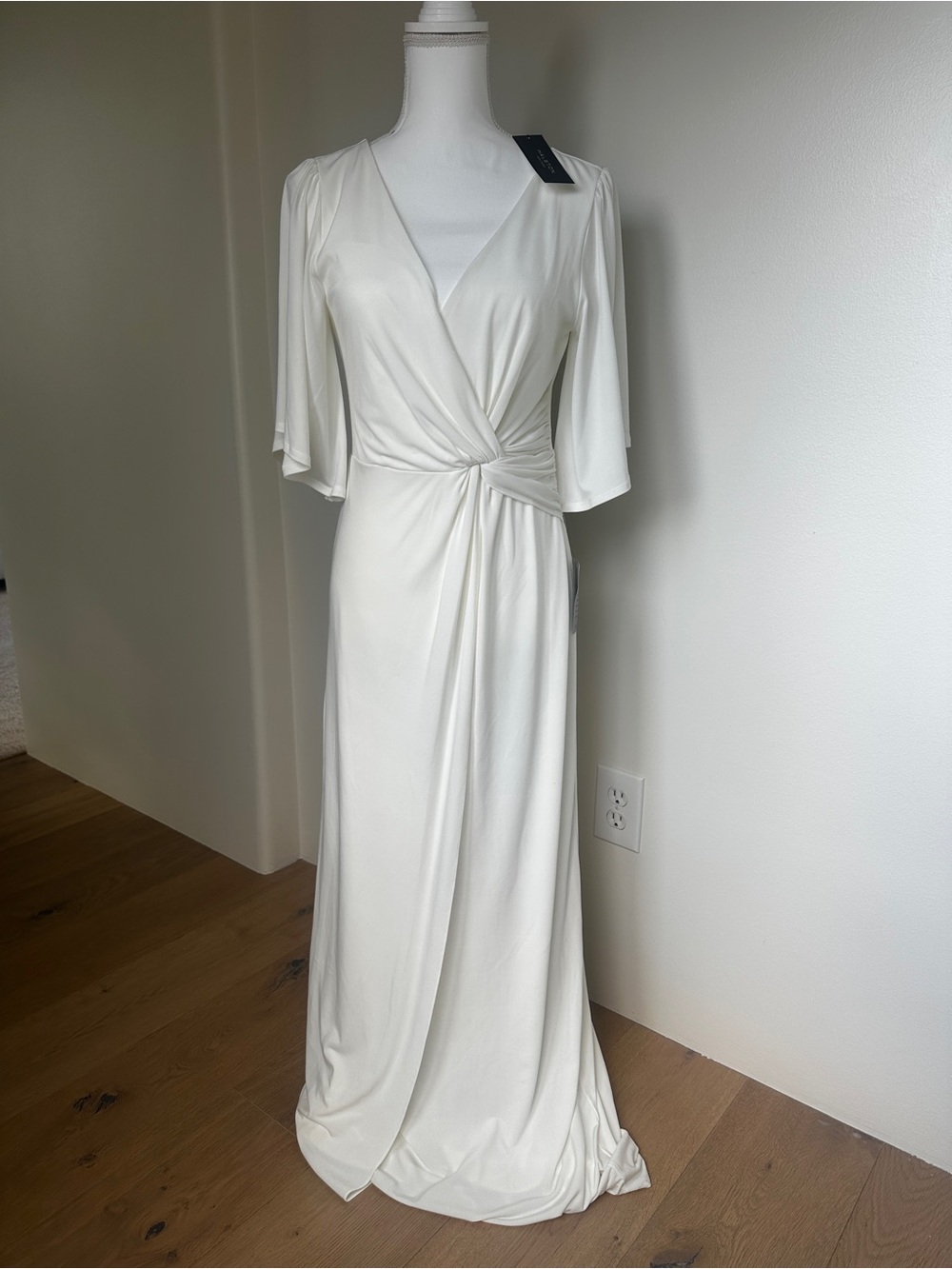 Halston Heritage Cream Twist-Waist V-Neck Maxi Dress
